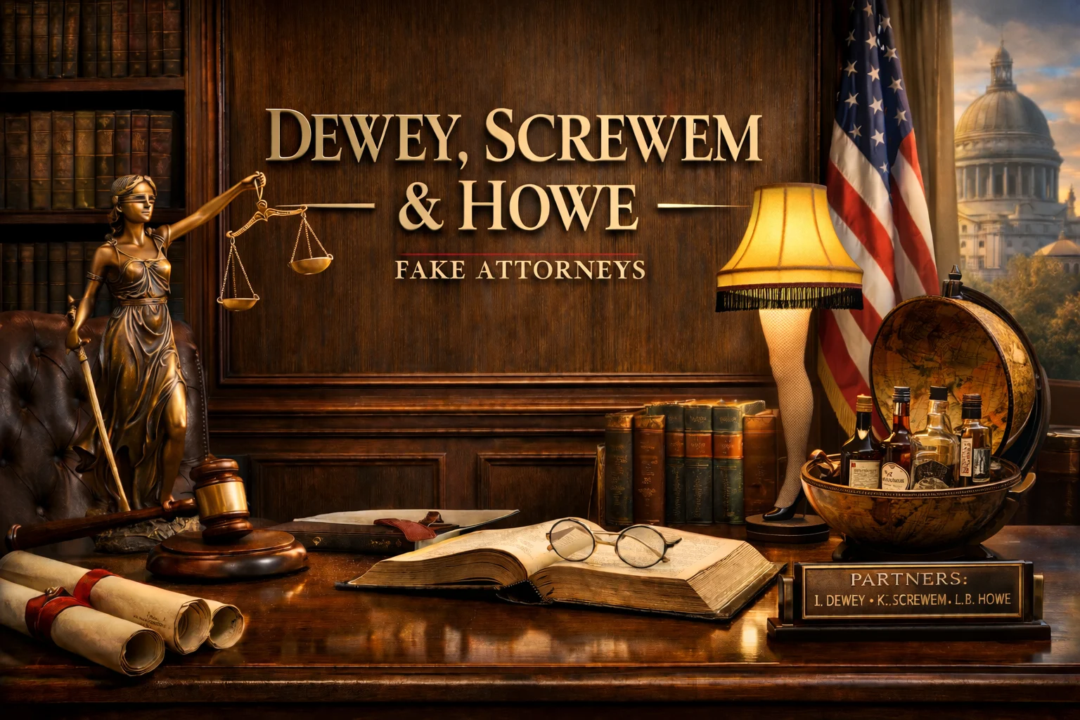 A theatrical fictional law office with legal books and Lady Justice